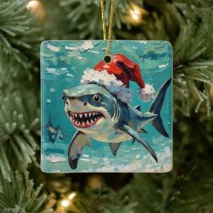 Vintage Shark with Santa Hat Christmas Art Ceramic Ornament