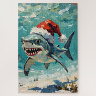 Vintage Shark with Santa Hat Christmas Art Jigsaw Puzzle