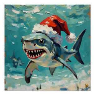 Vintage Shark with Santa Hat Christmas Art Poster