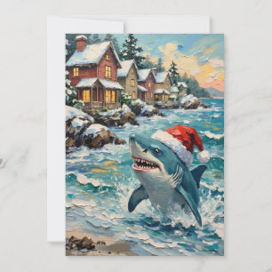 Vintage Shark with Santa Hat in Winter Seaside Holiday Card