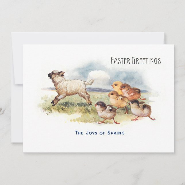 Vintage Sheep and Chicks Easter Greeting Holiday Card (Front)