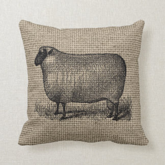 Vintage Sheep on Burlap Throw Pillow