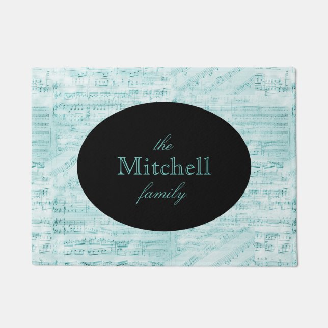 Vintage Sheet Music Aqua Personalized Door Mat (Front)