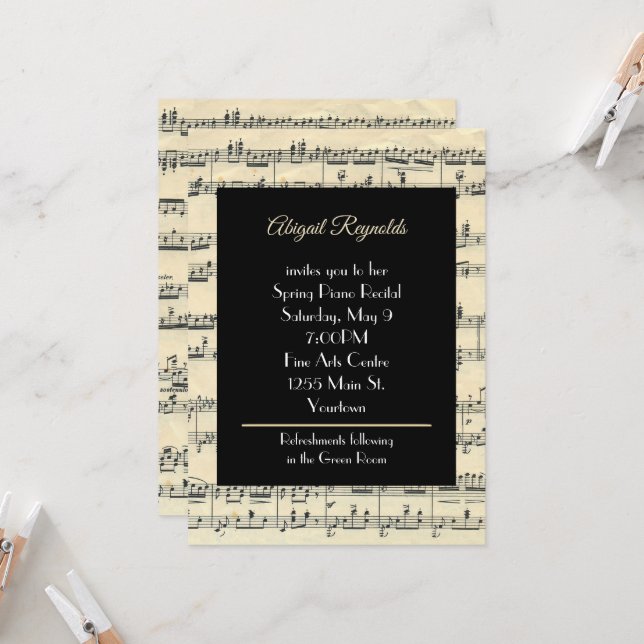 Vintage Sheet Music For Piano Recital  Invitation (Front/Back In Situ)
