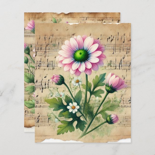 Vintage Sheet Music Pink & Green Daisies Scrapbook (Front/Back)