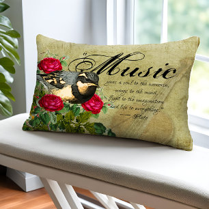 Vintage Sheet Music Quote Violin Red Rose and Bird Accent Pillow