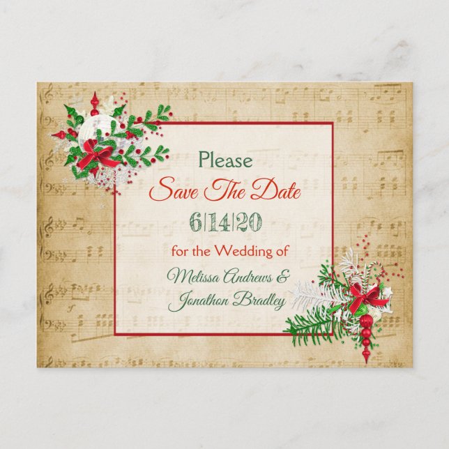 Vintage Sheet Music Winter  Save the Date Postcard (Front)