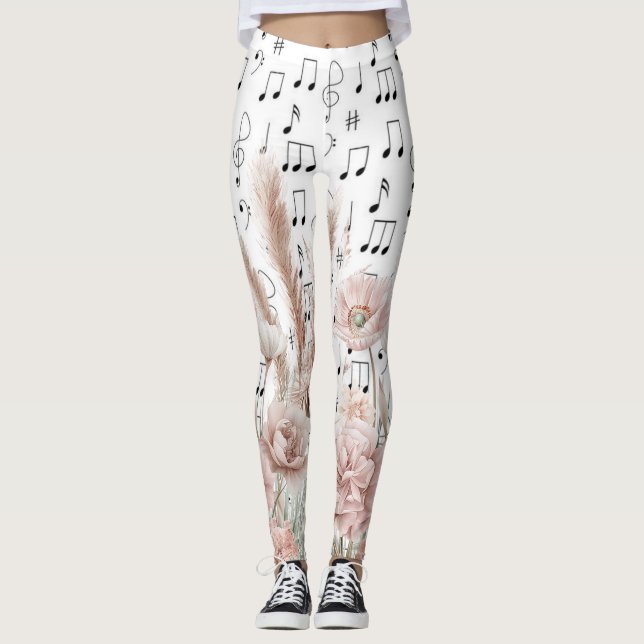 Vintage Sheet Music With Pink Peony Wildflowers Leggings (Front)