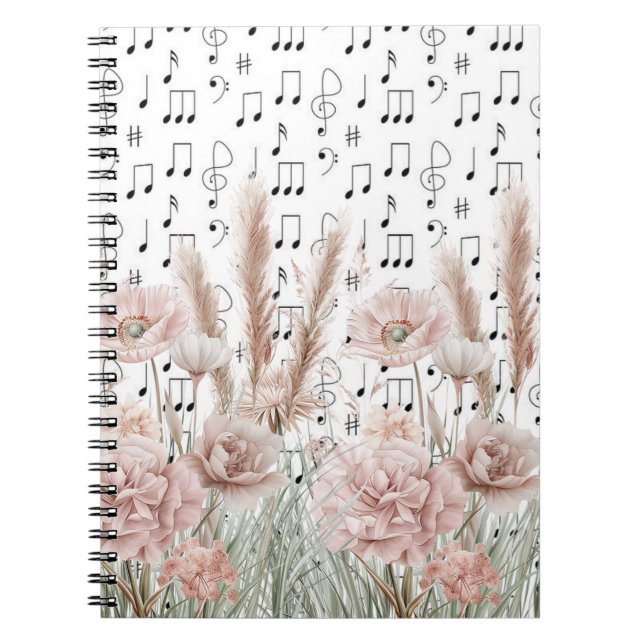 Vintage Sheet Music With Pink Peony Wildflowers Notebook (Front)