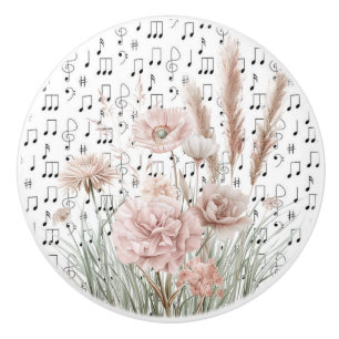 Vintage Sheet Music with Pink Wildflowers Ceramic Knob