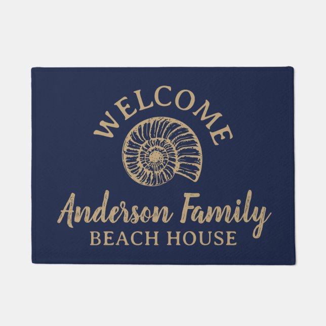 Vintage Shell Custom Beach House Navy Doormat (Front)