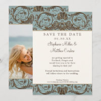 Vintage Shell Scroll Baroque Blue Save the Date