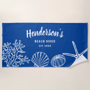 Vintage Shell Starfish Beach House Name Blue White Towel