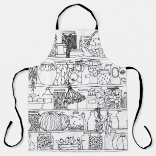 Vintage shelves with cans: sketch. apron
