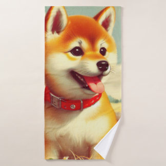 Vintage Shiba Inu Painting Bath Towel