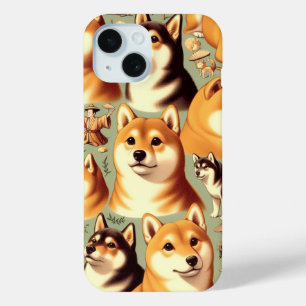 Vintage Shiba Inu Seamless Pattern iPhone 15 Case