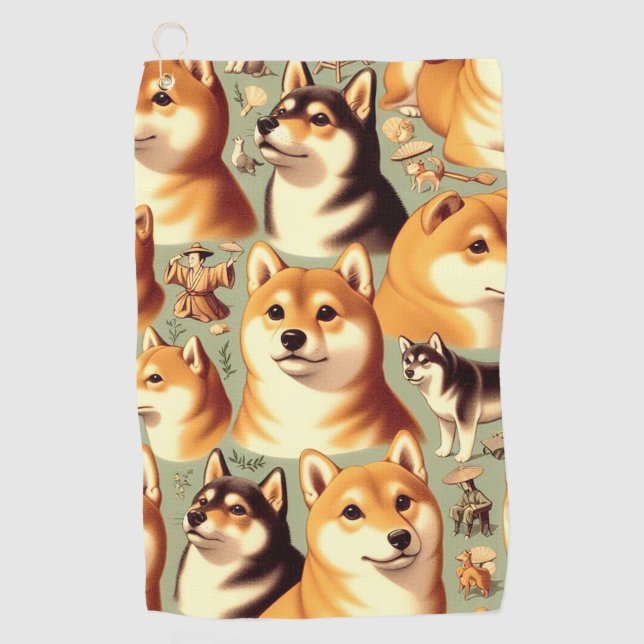 Vintage Shiba Inu Seamless Pattern Golf Towel (Front)