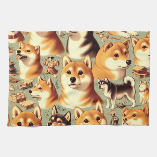 Vintage Shiba Inu Seamless Pattern Kitchen Towel (Horizontal)