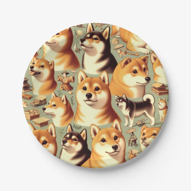 Vintage Shiba Inu Seamless Pattern Paper Plate (Front)