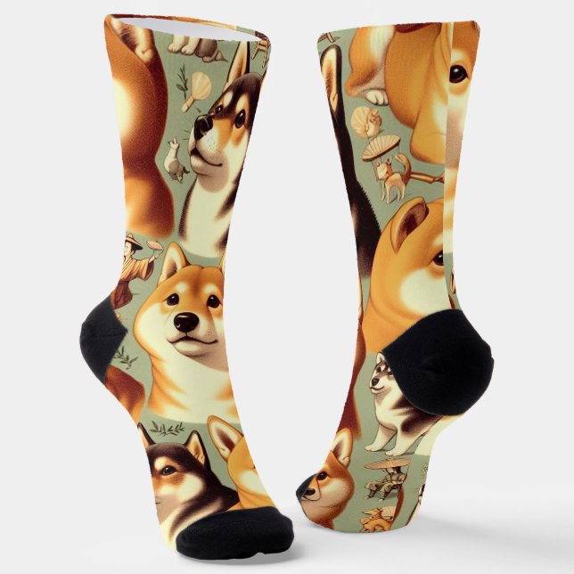 Vintage Shiba Inu Seamless Pattern Socks (Angled)