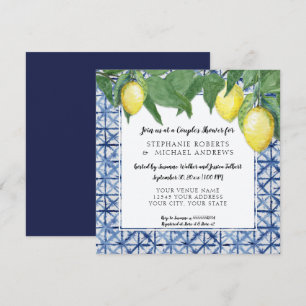 Vintage Shibori Indigo Blue w Lemon Couples Shower Invitation
