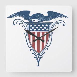 Vintage Shield Red White Blue American Eagle Stars Square Wall Clock