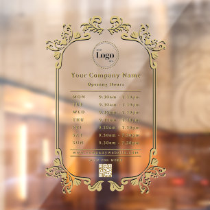 Vintage Shiny Gold Company Logo QR code Open Hours Window Cling