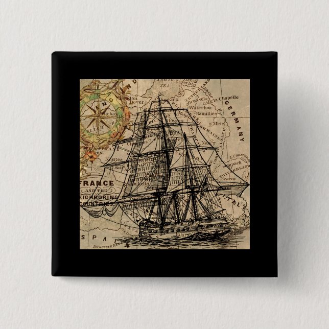 Vintage Ship And Map 2 Inch Square Button (Front)