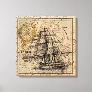 Vintage Ship And Map  Canvas Print
