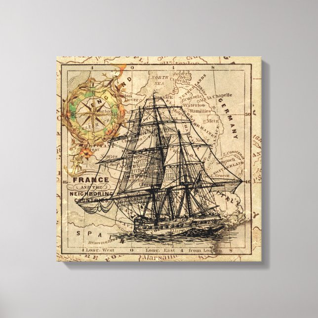 Vintage Ship And Map  Canvas Print (Front)