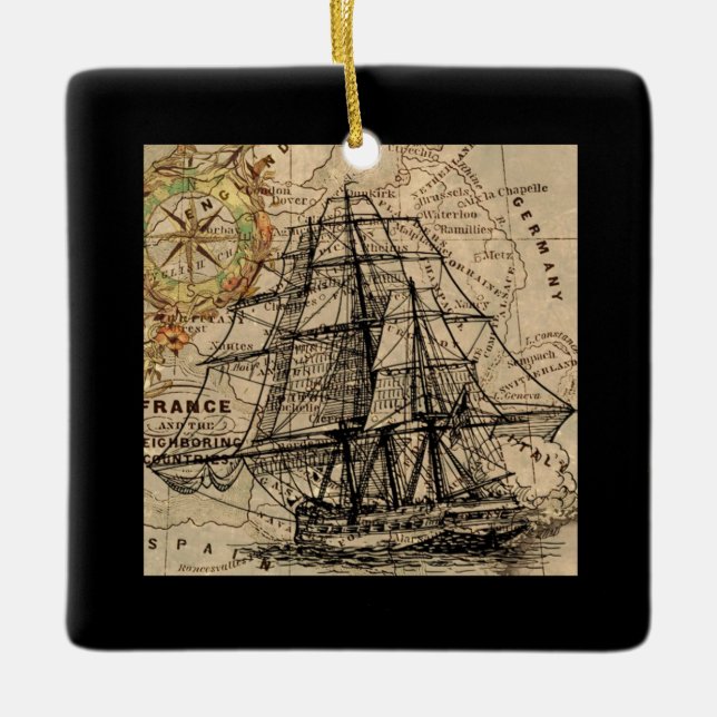 Vintage Ship And Map Ceramic Ornament (Front)