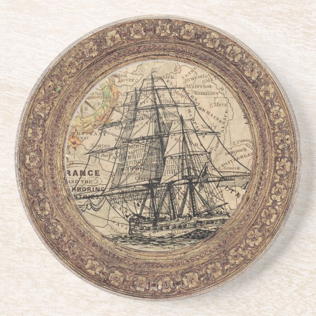 Vintage Ship And Map Coaster (Front)