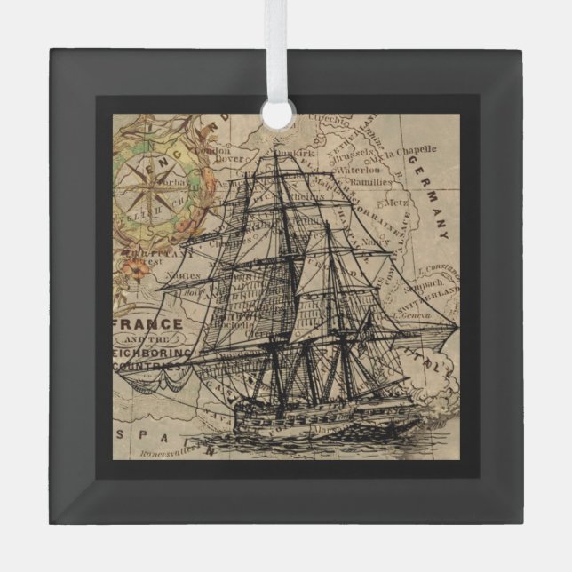 Vintage Ship And Map Glass Ornament (Front)