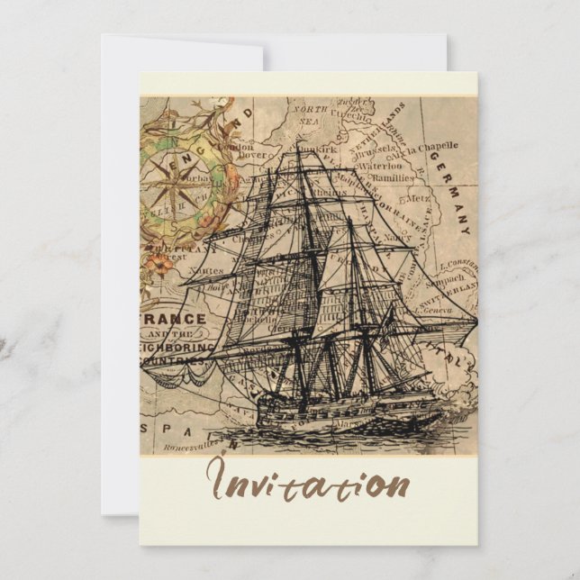 Vintage Ship And Map Invitation (Front)