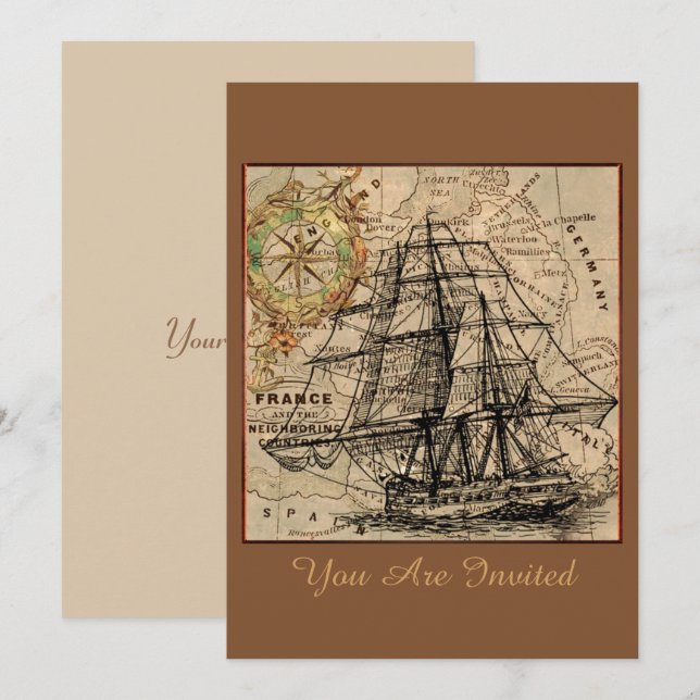 Vintage Ship And Map Invitation (Front/Back)