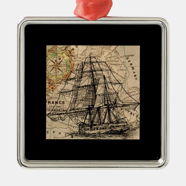 Vintage Ship And Map Metal Ornament (Front)