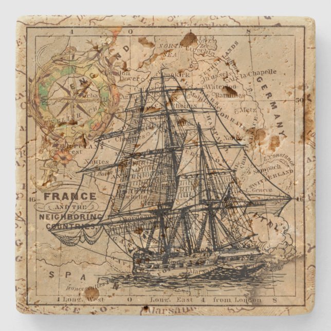 Vintage Ship and Map Stone Coaster (Front)