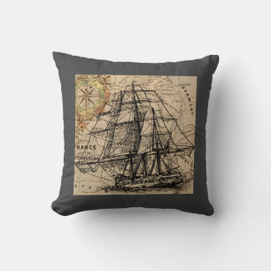 Vintage Ship And Map Throw Pillow