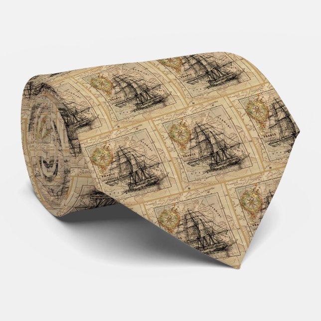 Vintage Ship And Map Tie (Rolled)