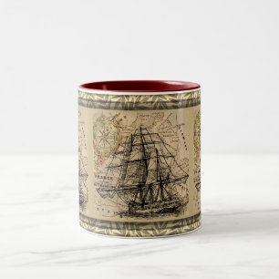 Vintage Ship And Map Two-Tone Coffee Mug