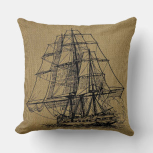 Vintage Ship Art on faux burlap Throw Pillow