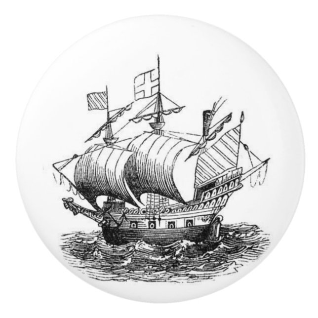 Vintage Ship at Sea illustration Ceramic Knob (Front)