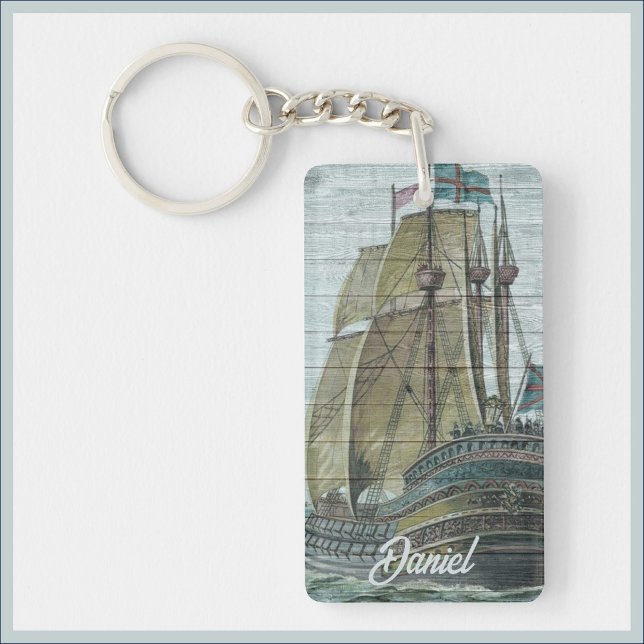 Vintage Ship Blue Green Wanderlust Theme  Keychain (Creator Uploaded)