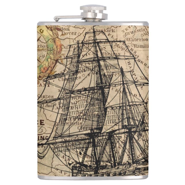 Vintage Ship Map Hip Flask (Front)
