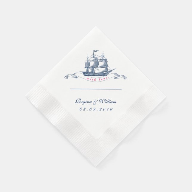 Vintage Ship Navy Blue and White Cocktail Napkin (Corner)