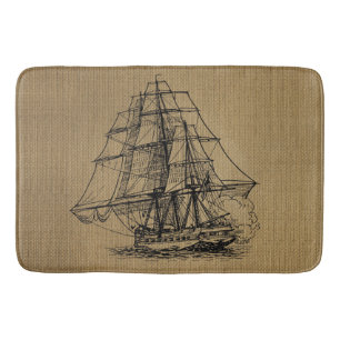 Vintage Ship on Rustic faux burlap Bath Mat