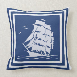 Vintage Ship, Reversible Cotton Throw Pillow, navy Throw Pillow