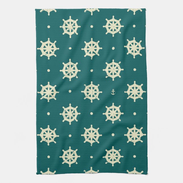 Vintage Ship Wheel Pattern Kitchen Towel (Vertical)