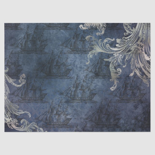 Vintage Ships on Blue Decoupage Tissue Paper (Front)