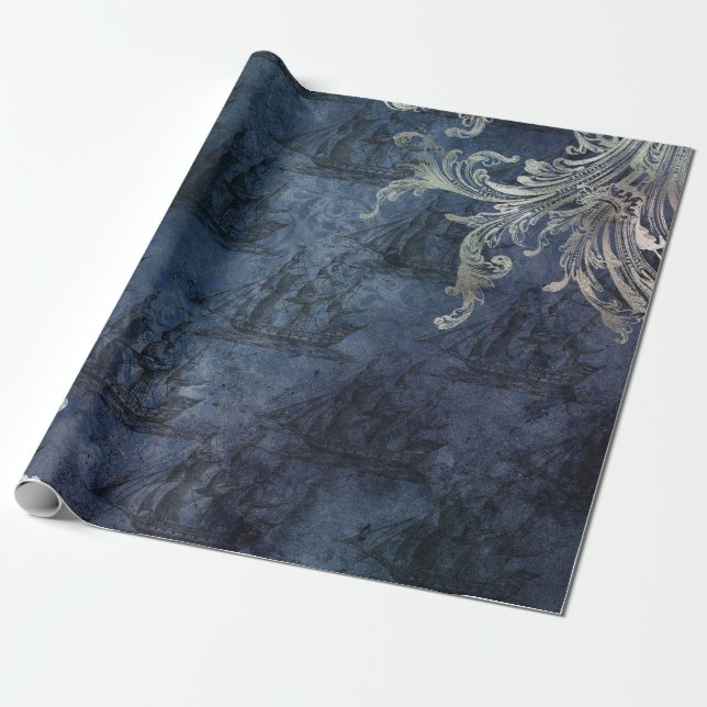 Vintage Ships on Blue Wrapping Paper (Unrolled)